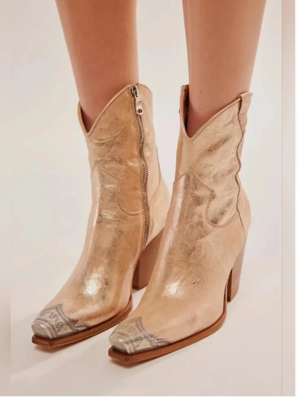 Free People Western Metallic Distressed Finish Leather Boots size 38 US 7.5